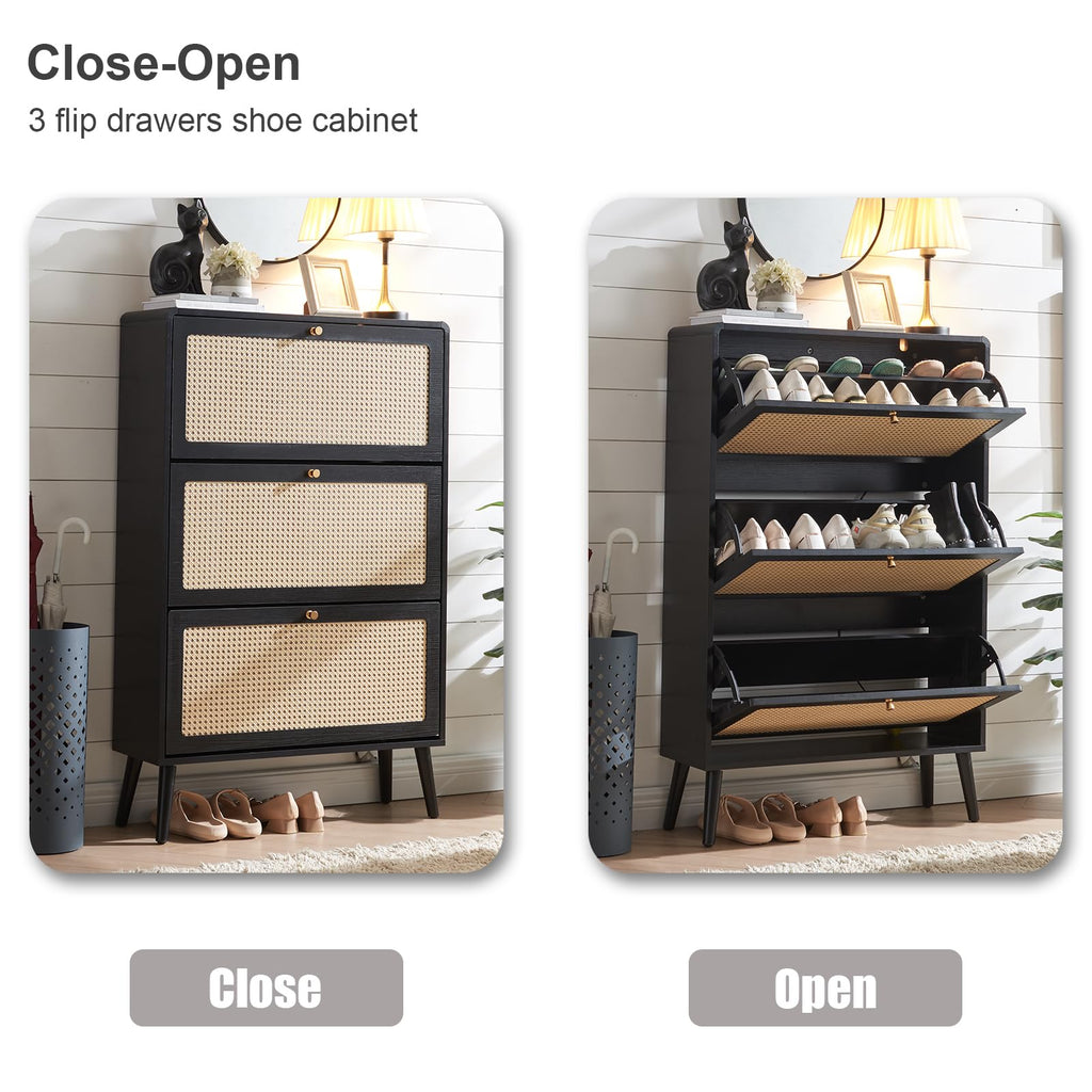 Rattan Shoe Cabinet with 3 Flip Drawers, Black Slim Shoe Storage