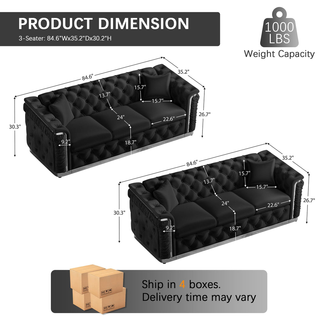 Chesterfield Sofa Set of 2, Luxury Black and Silver Couch, Black