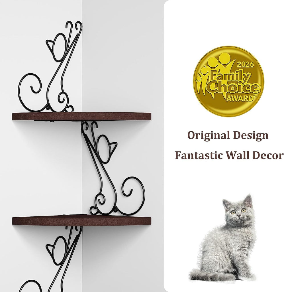 4-Tier Cat Shaped Corner Floating Shelf Wall Mount, Walnut