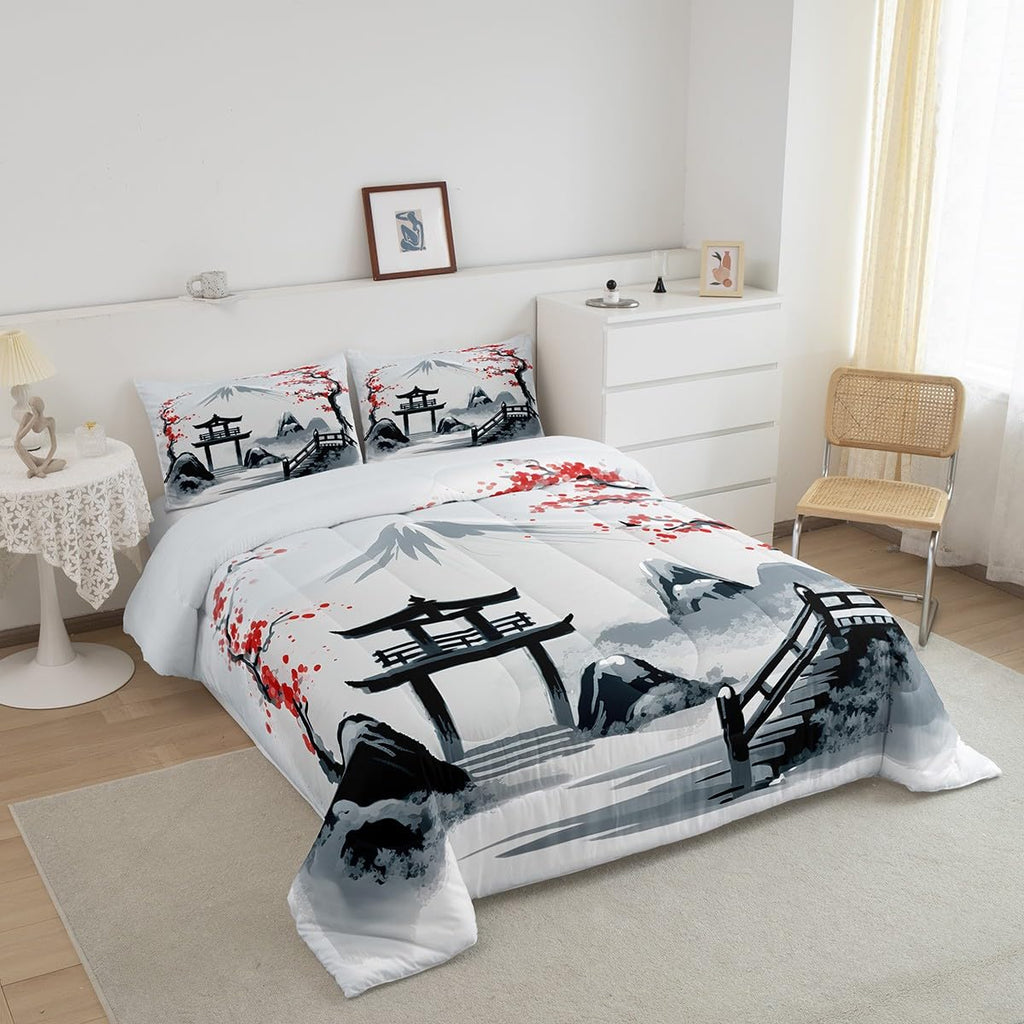 Japanese Cherry Comforter Set Queen Size 3 Piece Bedding Set