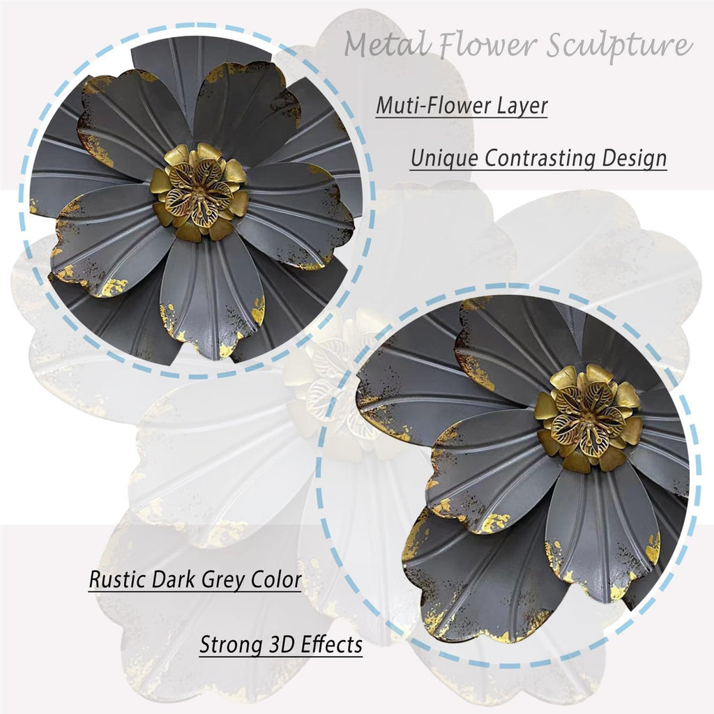 Metal Flower Wall Sculpture, 9.5" Grey Golden Rustic Modern Artwork
