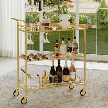 Gold Bar Cart, Home Bar Serving Cart with Handle and 3-Tier Glass Shelves