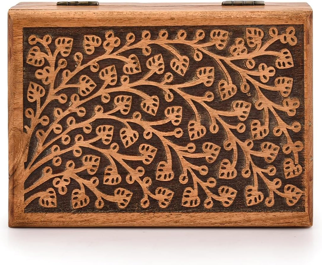 Jewelry Boxes Acacia Wood Floral Decorative Keepsake Treasure Chest Great Gift For Your Loved Ones (7" X 5" X 2.5")