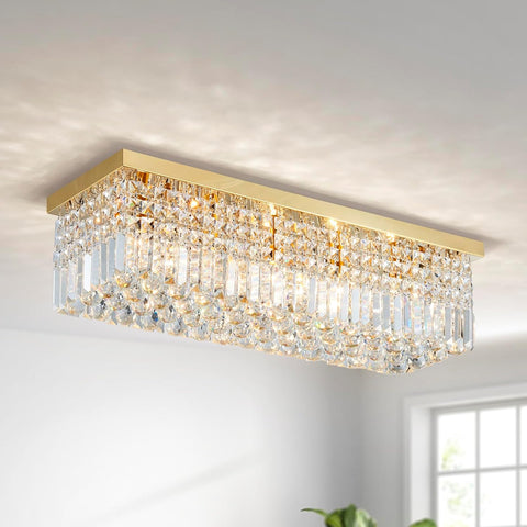 5-Lights Modern K9 Crystal Chandelier Light Fixture, Flush Mount Chandelier for Dinning Room, H9 x W10 x L31, Clear Crystal & Gold Finish A100-B0DJPQRJH4
