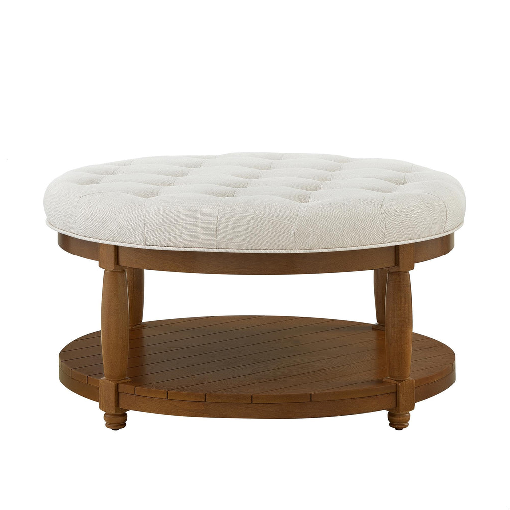 Large Round Upholstered Tufted Linen Ottoman Coffee Table with Solid Wood Frame and Open Storage Shelf, Upholstered