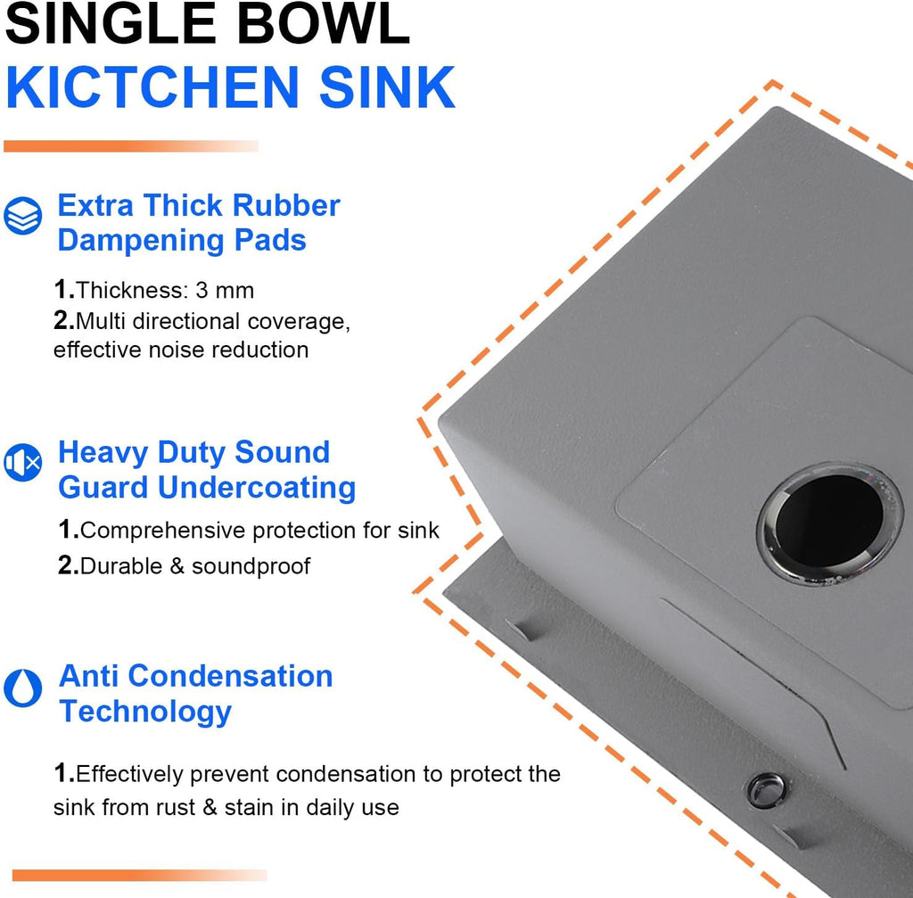 33x22 Drop Sinks Black, Gunmetal Black Stainless Steel Workstation 16Guage Topmount Single Bowl 9 Inch Deep Sink with