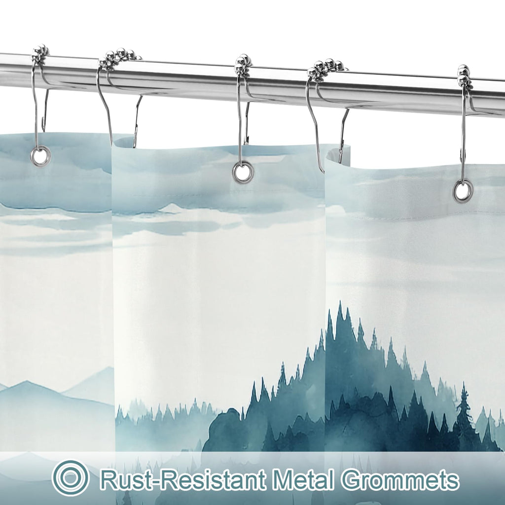 Peacock Blue Pine Forest Shower Curtain, Misty Woodland, 72 x 78 Inches