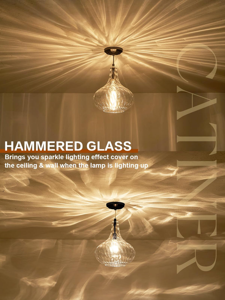 11" Clear Hammered Glass Pendant Light, Black Kitchen Island Light