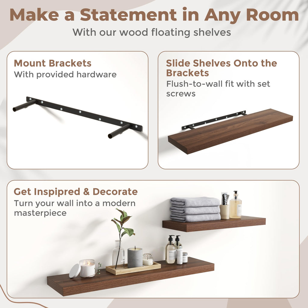 24 Inch Floating Shelves, 8"Deep Wall Shelf, 44 Lbs Capacity, Walnut, 2pcs