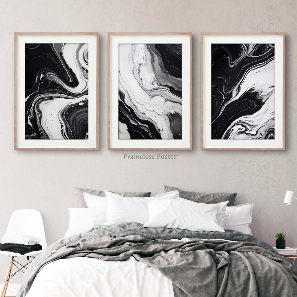 Black and White Marble Wall Art Abstract Painting Canvas Bedroom Decor - Gray Poster Set of 3 No Frame 16x24inch