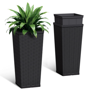 24 Inch Tall Plastic Planters (Set of 2) with Drainage Holes, Black