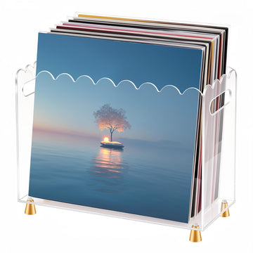 Acrylic Vinyl Record Holder, Vinyl Record Storage with Luxe Gold Metal Feet and Scalloped Edge Design, Portable