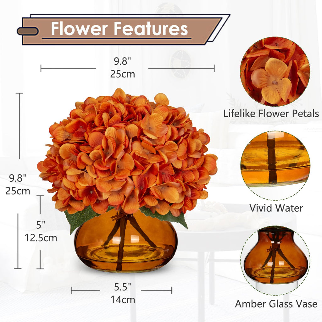 Orange Fall Hydrangeas with Vase Indoor Faux Fall Artificial Decor Silk Fake Arrangements in Glass Vase Autumn