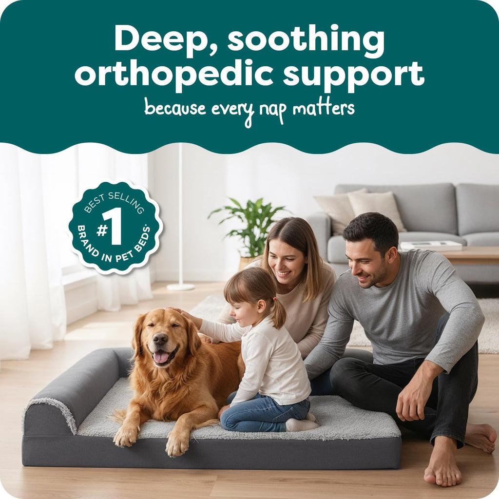 Orthopedic Dog Bed for Large Dogs w/ Removable Bolsters & Washable Cover, For Dogs Up to 95 lbs - Two-Tone Plush Faux