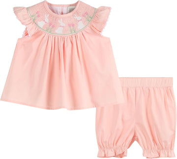 Girls Baby and Toddler Bunny Smocked Top and Bloomer Set - 2pc Cotton Spring Summer Outfit