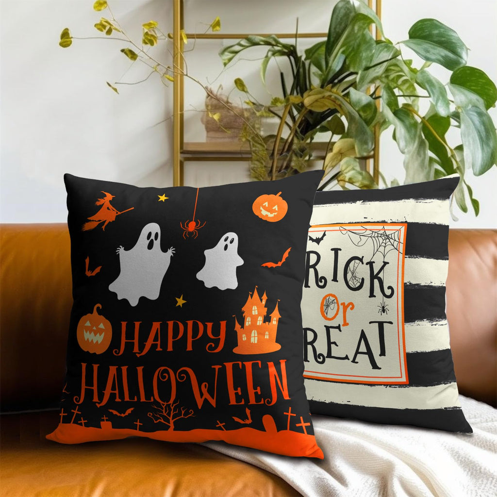 Happy Halloween Ghost Castle Pumpkin Throw Pillow Covers 18X18 Inches Set of 2 Trick or Treat Black and White Stripe