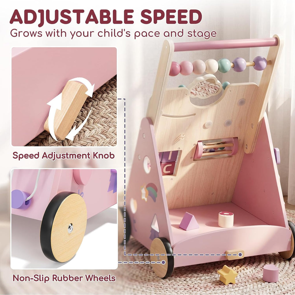 Unicorn Wooden Baby Walker, Adjustable Speed Baby Push Walker