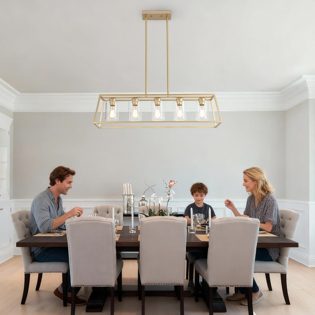 Gold Rectangle Chandeliers Light fixture Over Table