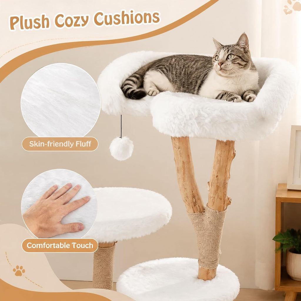 44 inch Wood Cat Tree, Modern Wooden Cat Tower with Jute Scratching Posts, Top Perch, Soft Long Plush and Dangling