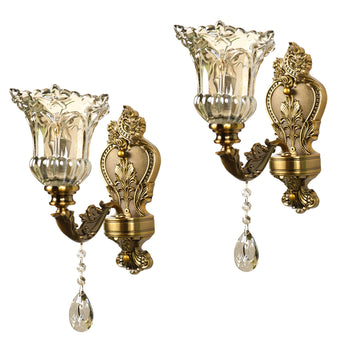 Glass Wall Sconce Set of 2, Antique Brass Wall Light, Crystal Floral Bedside Wall Lamp for Entrance, Bedroom, Hallway