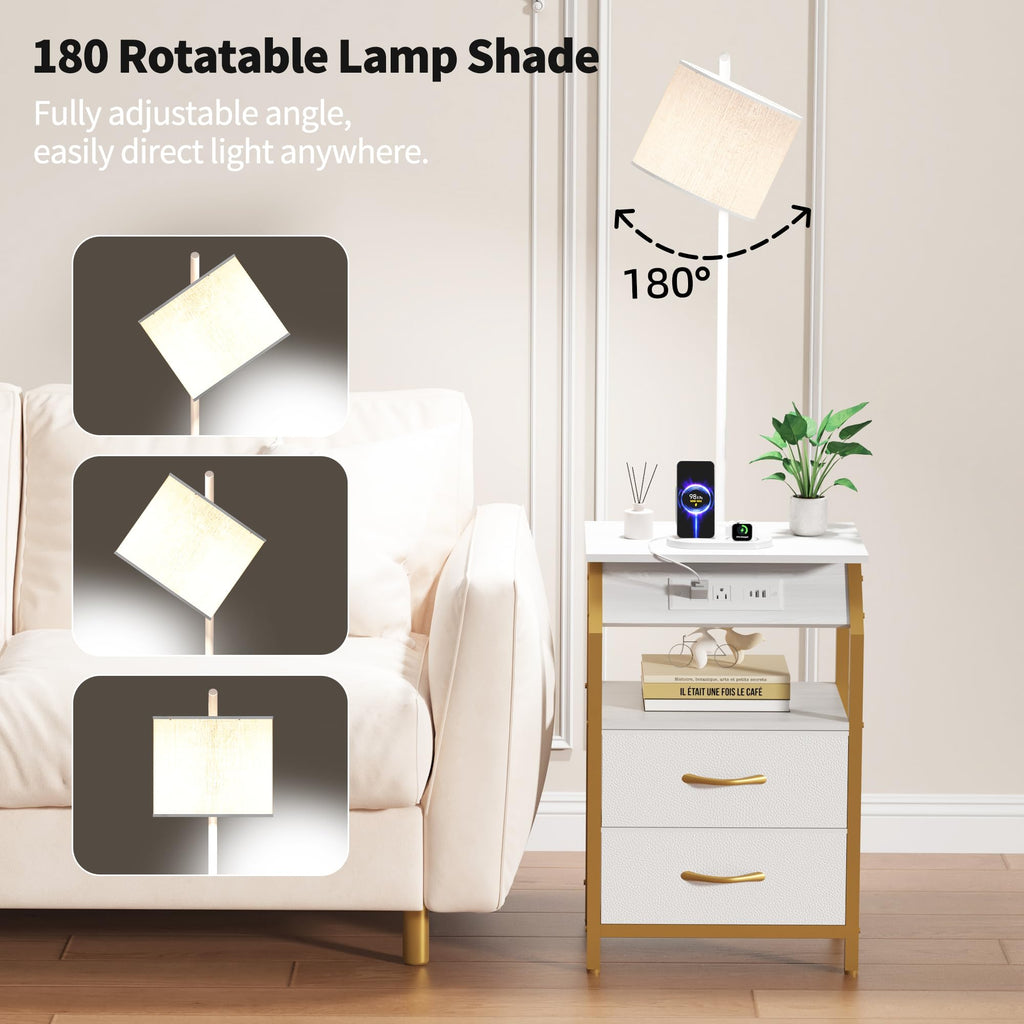 End Table with Floor Lamp, Nightstand with Charging Station, Floor Lamp Table with 3-Color Temperature Bulb, Bedside