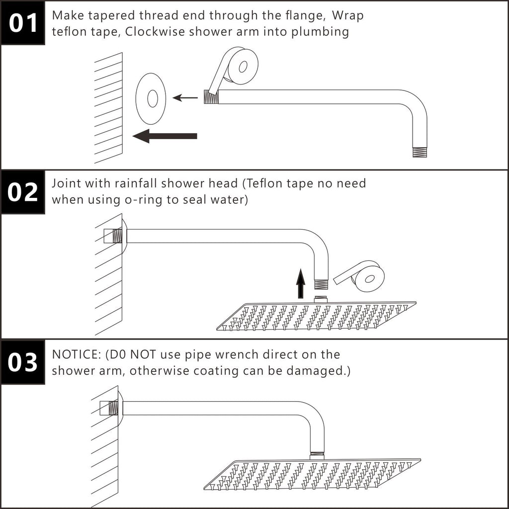 All Metal Shower Head with Extension Arm, Stainless Steel Waterfall Rainfall Showerhead, High Flow Bathroom Square