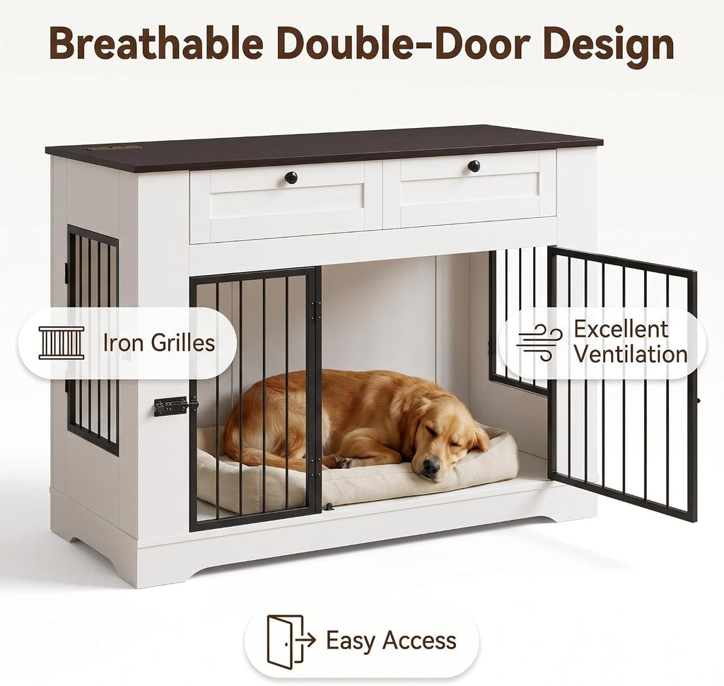 Dog Crate Furniture with Storage Drawers & Power Outlet