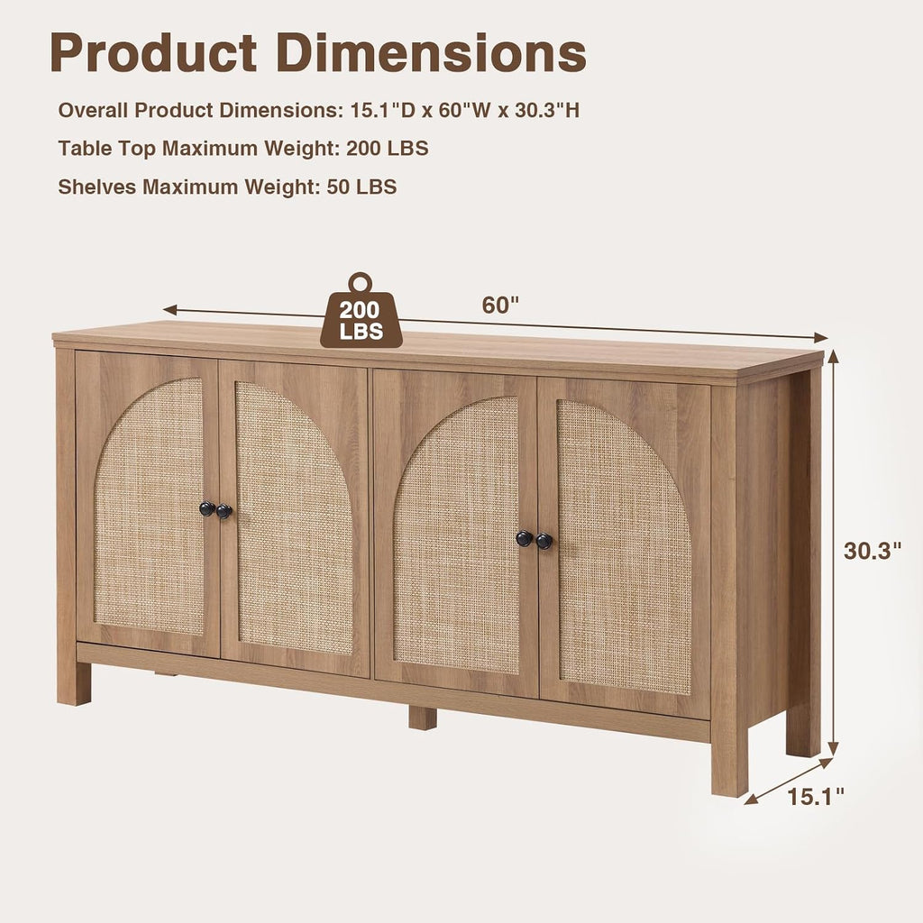 60" Rattan Sideboard Buffet Cabinet with Storage | Sideboard With Rattan Doors, Spacious Storage And Soft-Close