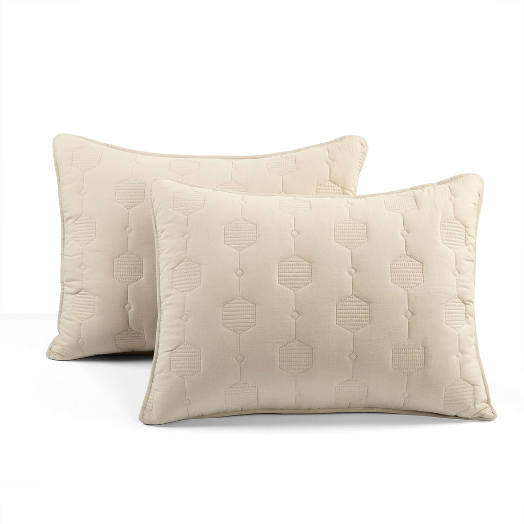 Hexagon Honeycomb Embroidered Textured Cotton 3 Piece Quilt Set, Neutral