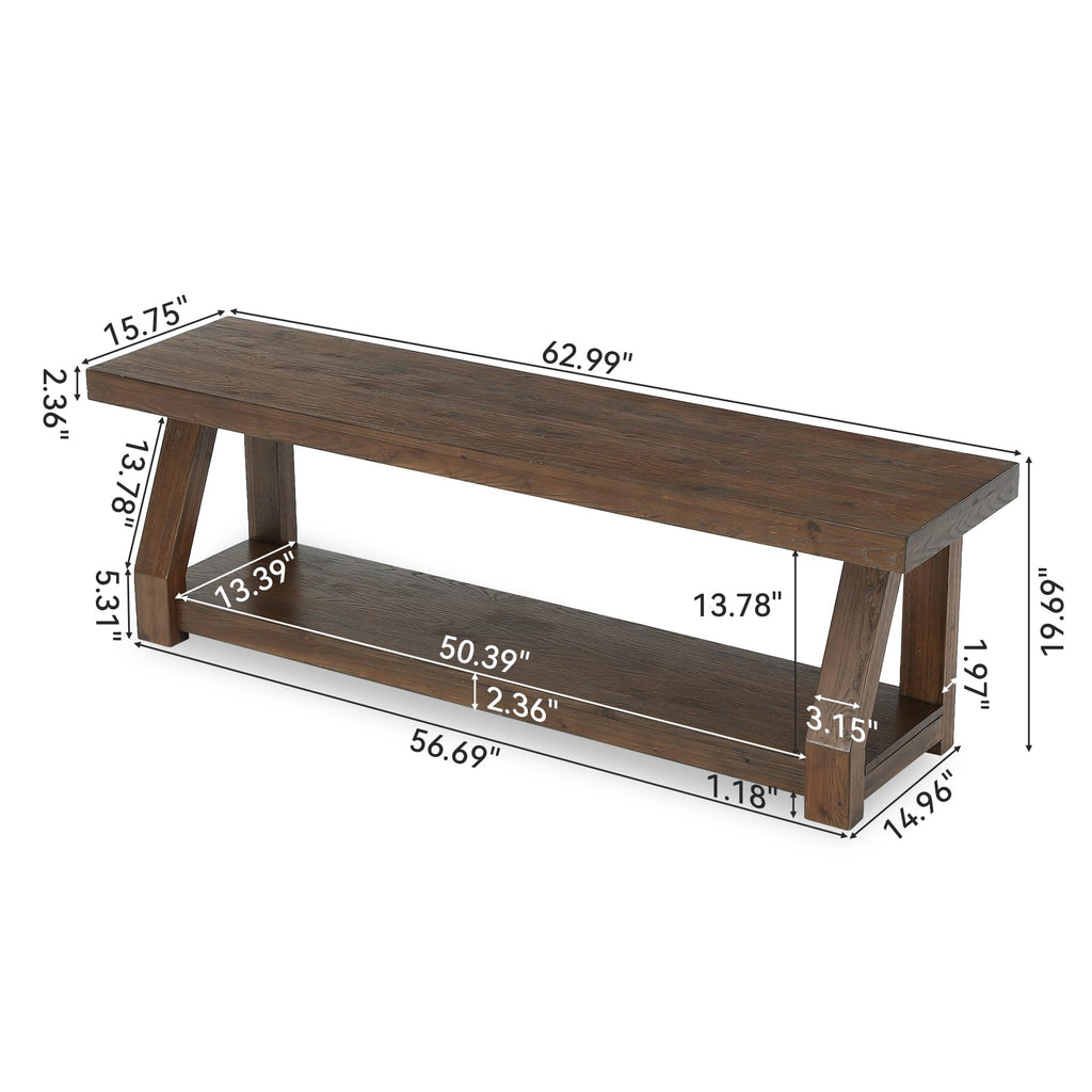 63" Solid Wood TV Stand, 2-Tier Media Console with Open Storage, Farmhouse Entertainment Center, Easy Assembly, Rich