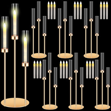 6 Sets 3 Arm Metal Candelabra Centerpiecese Holder Centerpieces with 18 LED Candles and Shade for Ceremony Birthday