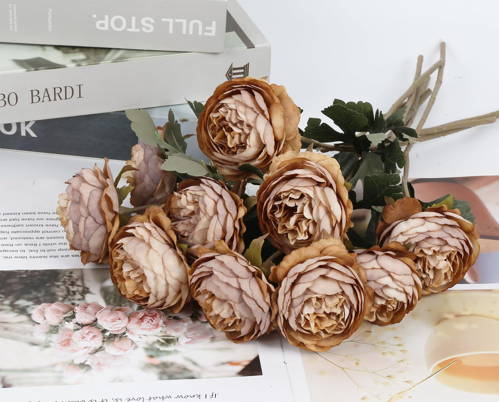 10pcs Coffee Peonies Artificial Real Touch Silk Peonies with Stems Real Look Fake Peony Wedding Hotel Office Party