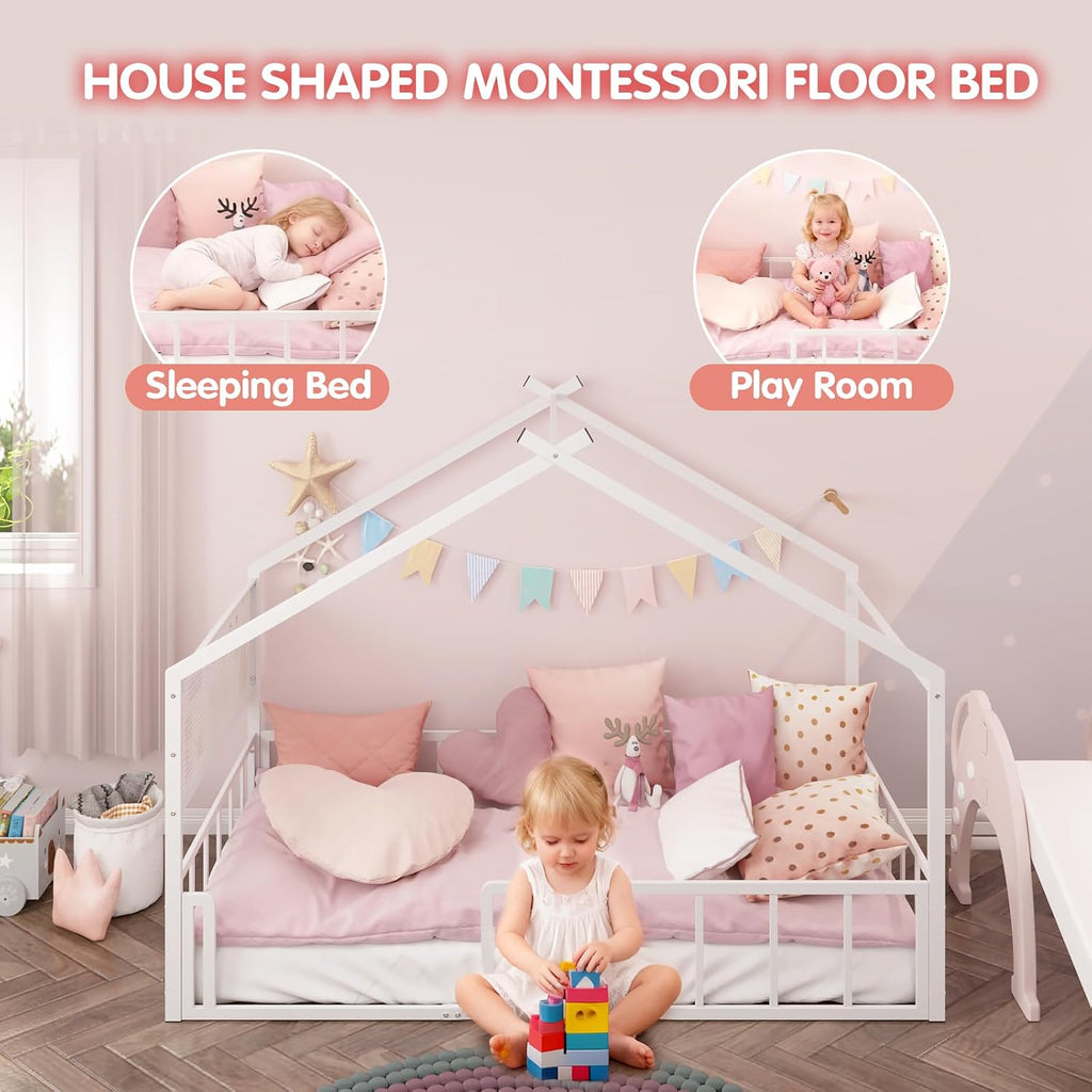 Montessori House Bed for Kids, Metal Floor Bed with Pegboard