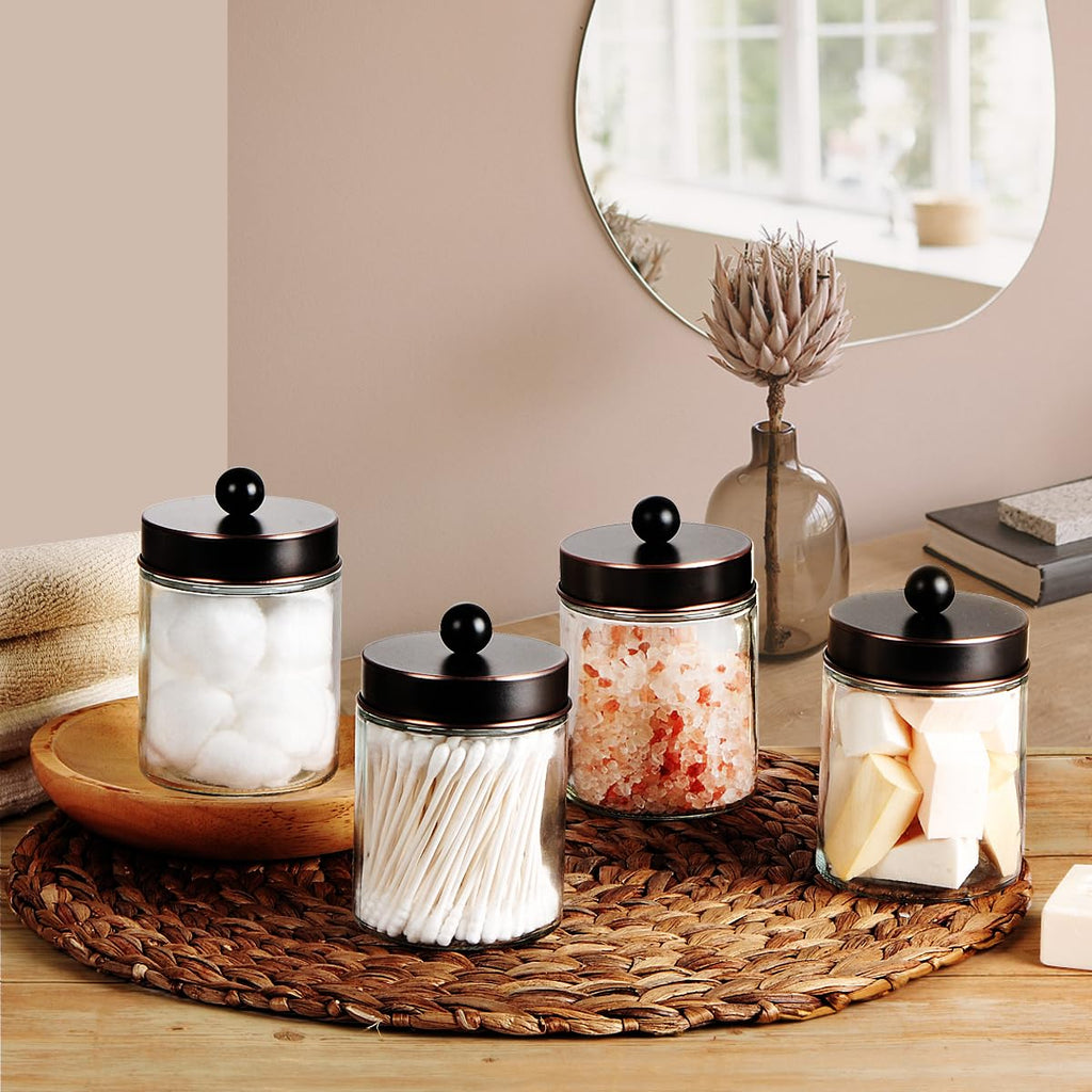 Glass Apothecary Jar Qtip Holder Metal Lids 4pc/ORB