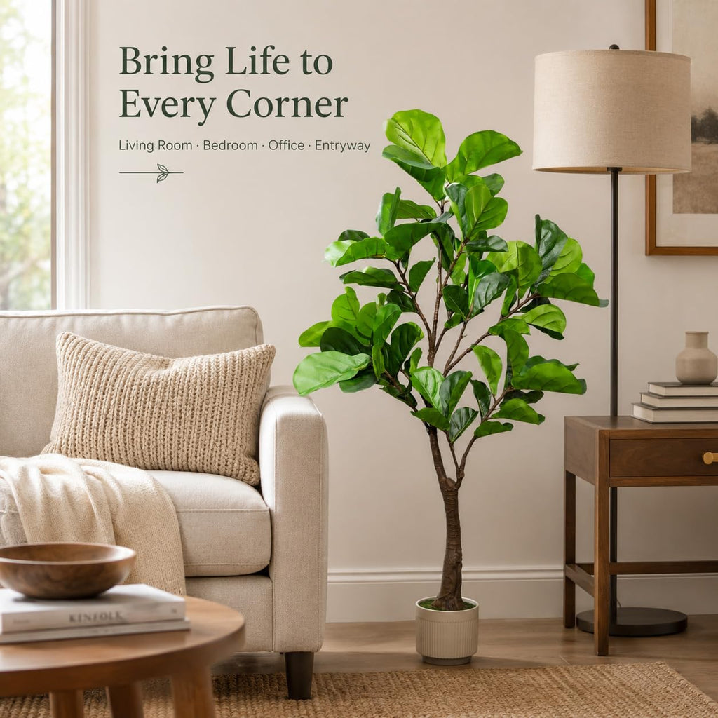Artificial Fiddle Leaf Fig Tree, Lifelike Faux Fig Plant Indoor Decor 4.4FT