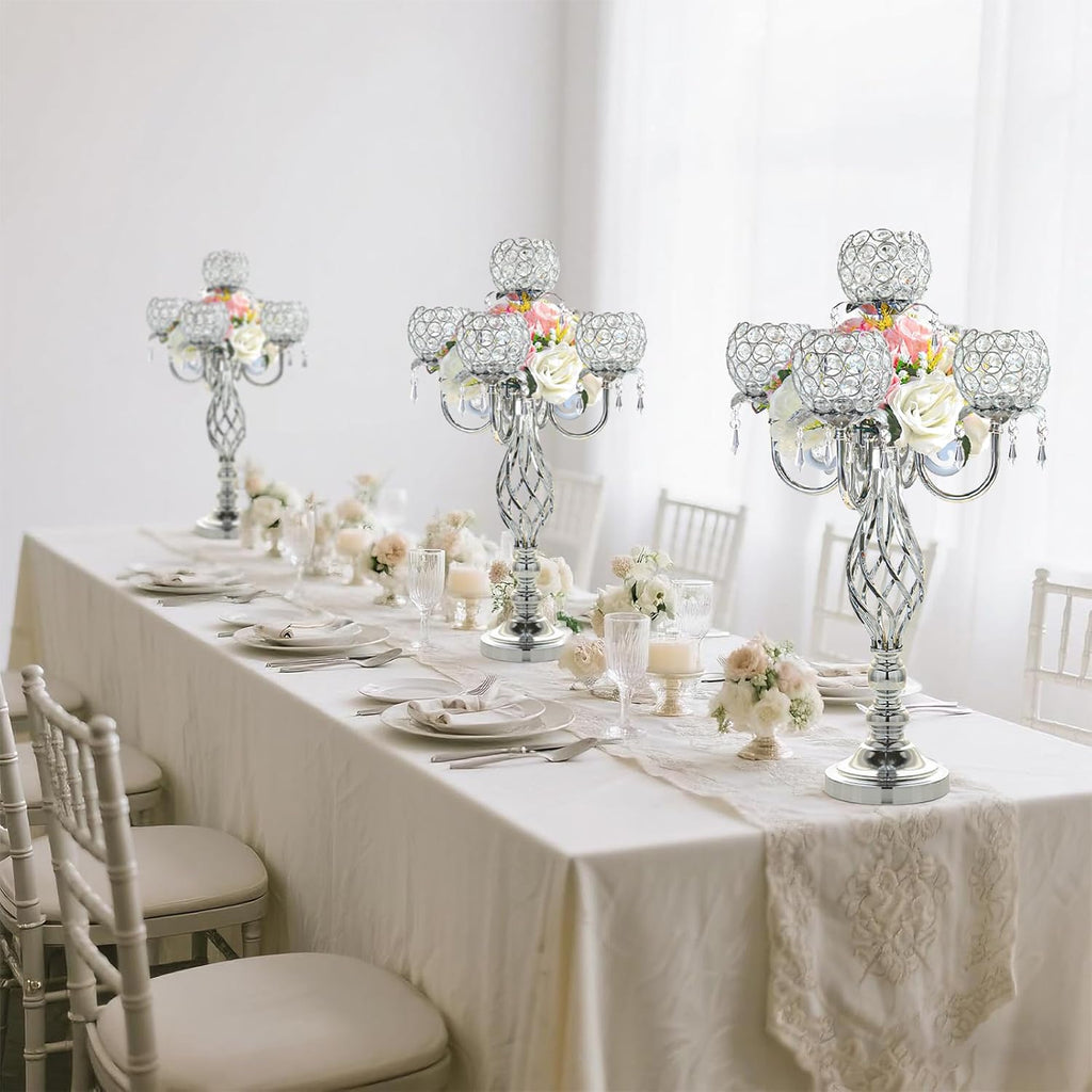 5-Arm Crystal Candelabra Centerpiece 23.2" Tall - Elegant Candle Holder Stand with Crystal Bowl, Chic Table Decor for