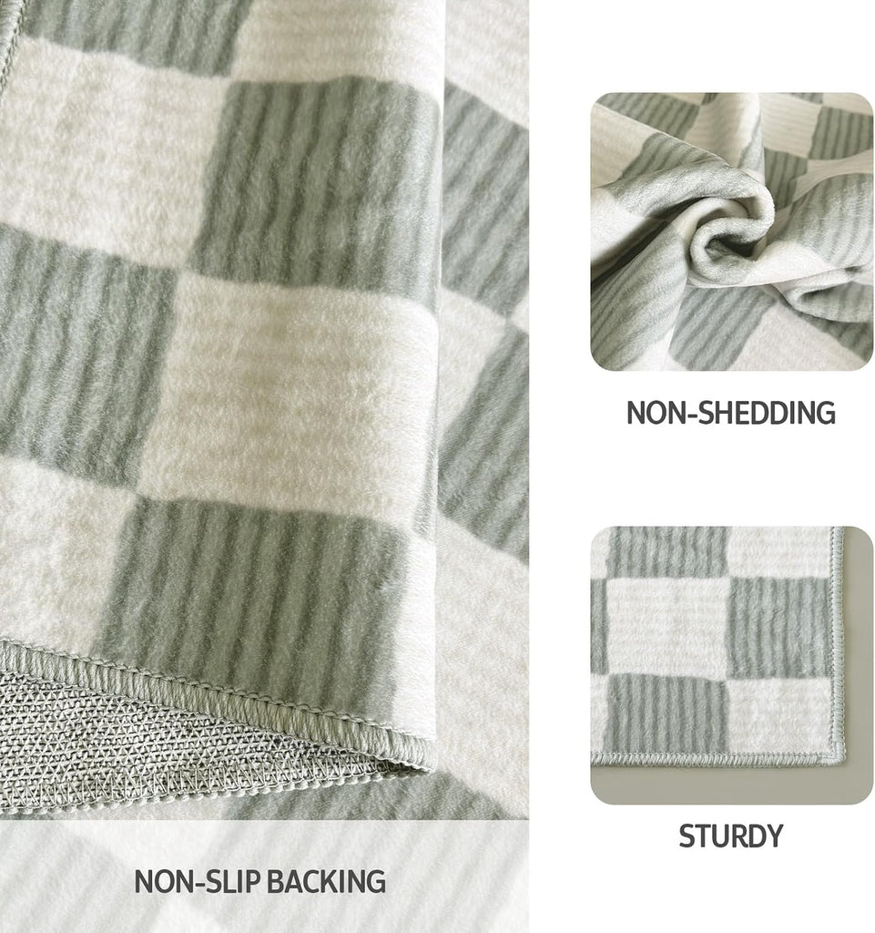 Washable Hallway Runner Rug Sage Green Rug Checkered Geometry Neutral Line Non-Slip Soft Long Carpet Kitchen
