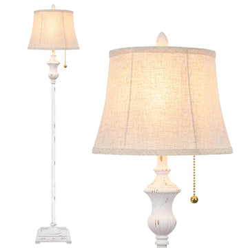 Rustic Vintage White Floor Lamp Bedroom, 64inch Traditional Tall Floor Lamp with White Linen Shade, Retro LED