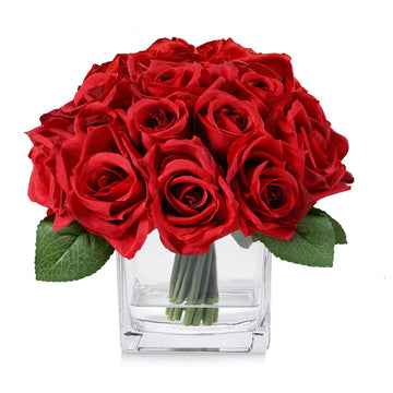 18 Heads Red Rose Fake Flowers in Vase with Fake Water, Silk Rose with Vase for Dining Table Bedroom Wedding Decor