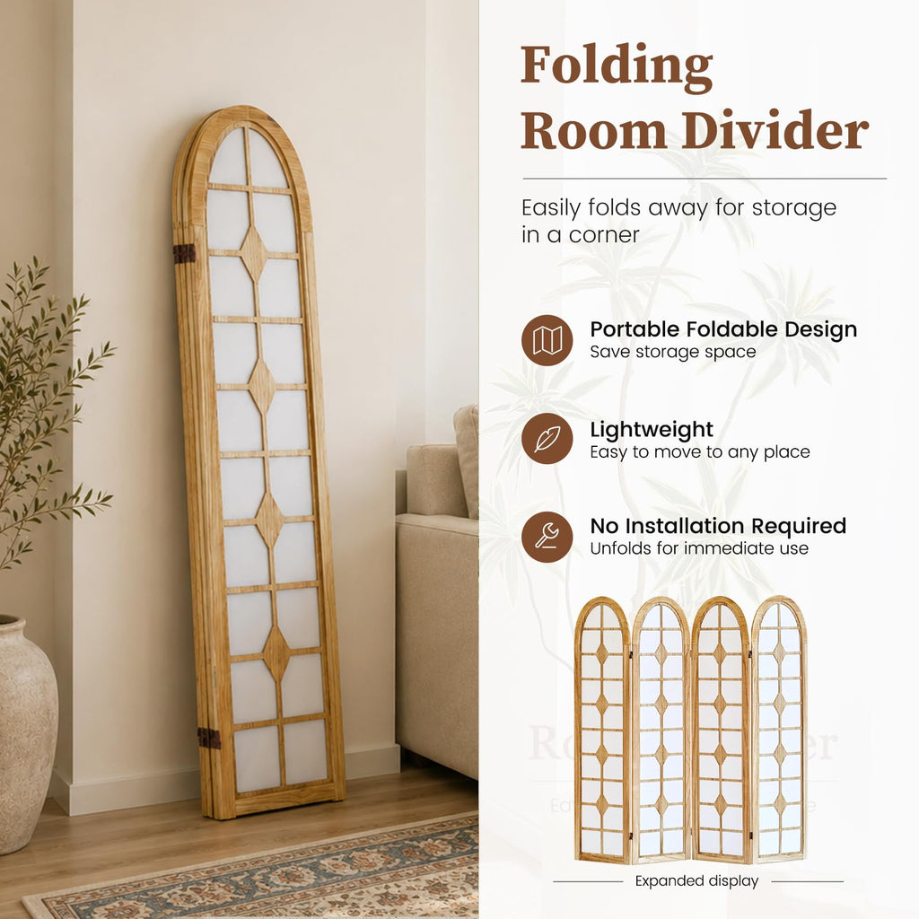 4 Panel Room Divider, Folding Shoji Screen, Natural