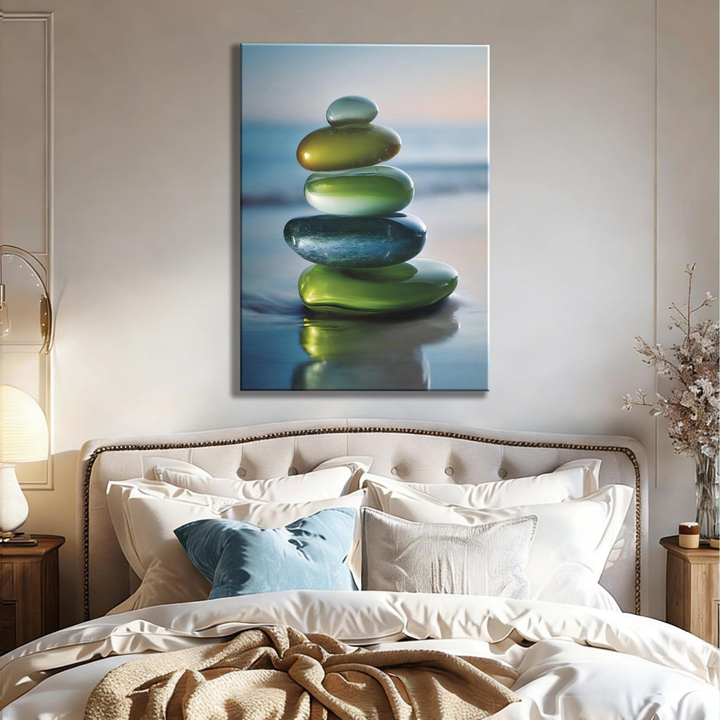Framed Stacked Glossy Beach Stone Canvas Art, Soft Ocean Background Canvas Prints Pictures, relaxing wall decor