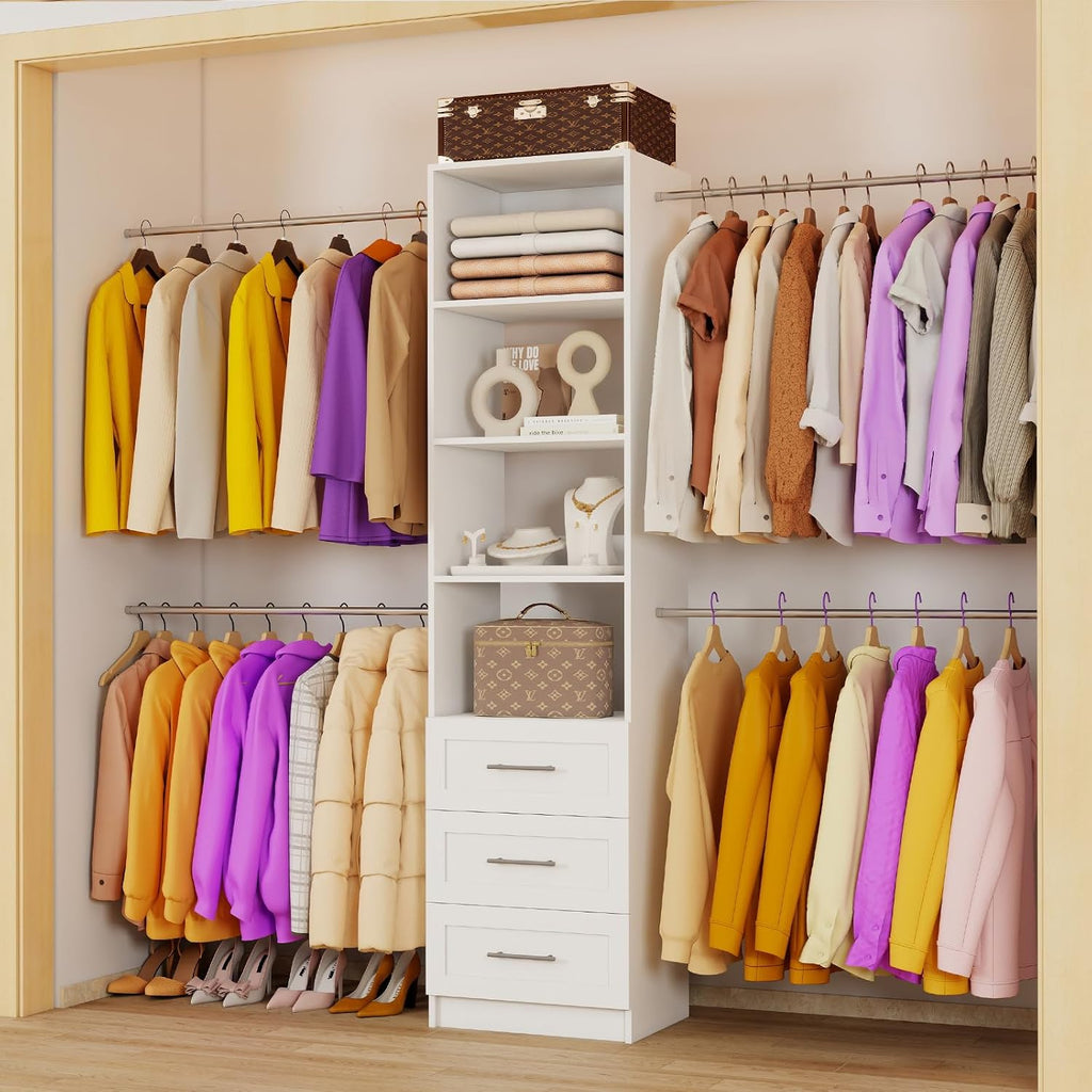 Closet Organizer System with Drawers, Wall Mounted 5FT-9FT White | 3 Wooden Storage Drawers, 4 Expandable Hanging