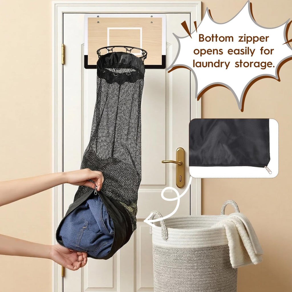 Wooden Basketball Laundry Hamper,Over the Door Basketball Hoop Laundry Basket with Zipper,3 Balls and Pump for Kids