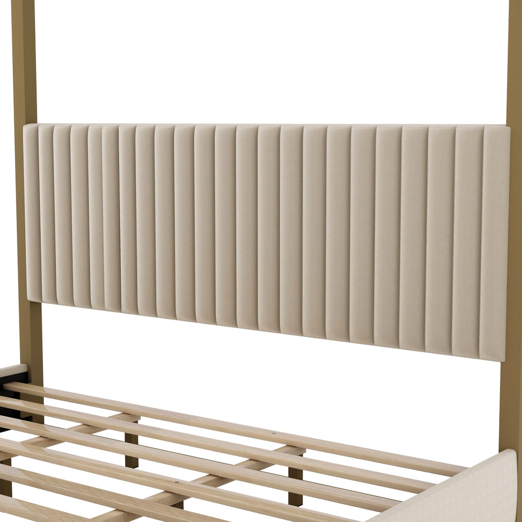 Modern 4-Poster Canopy Platform Bed King Size with Channel Upholstery Tufted Headboard, Gold Metal Canopied Design