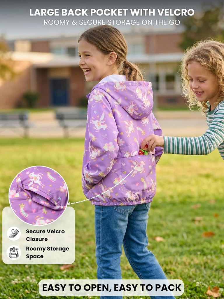 Girls Lightweight Hooded Jacket Kids Water-Resistant Windbreaker Printed Jacket