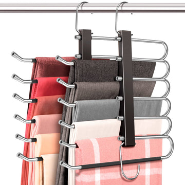 4 Pack 6-Tier Space Saving Pant Hangers, Anti-Slip, Lightweight, Stainless Steel, Black, 6 Pairs Jeans Hangers