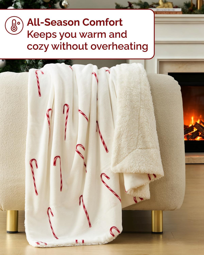 Christmas Sherpa Blanket Throw Size, Reversible Blanket - Candy Cane, 50x60