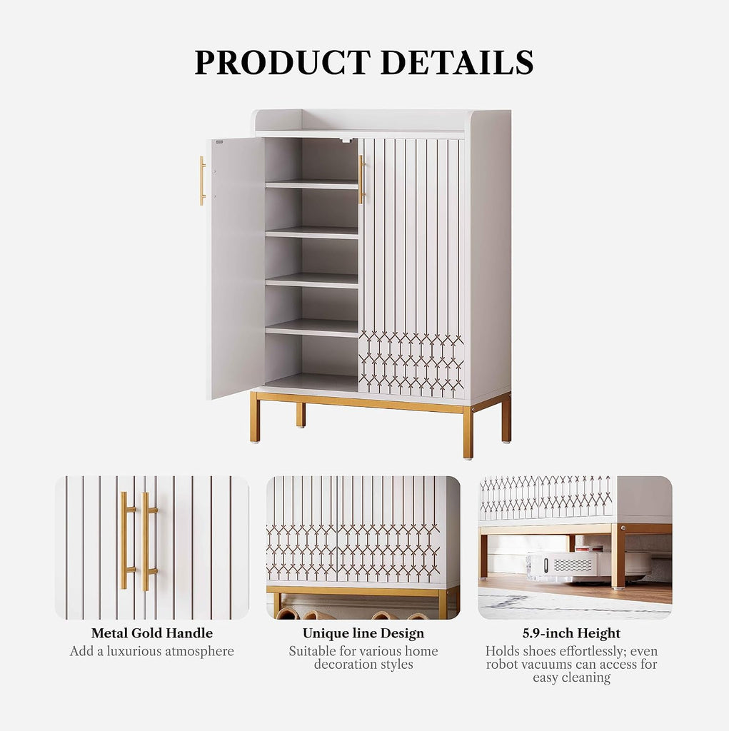 5-Tier Shoe Cabinet with Carved Lines Doors, Large Wooden Shoe Storage Cabinet with Adjustable Shelves, Modern