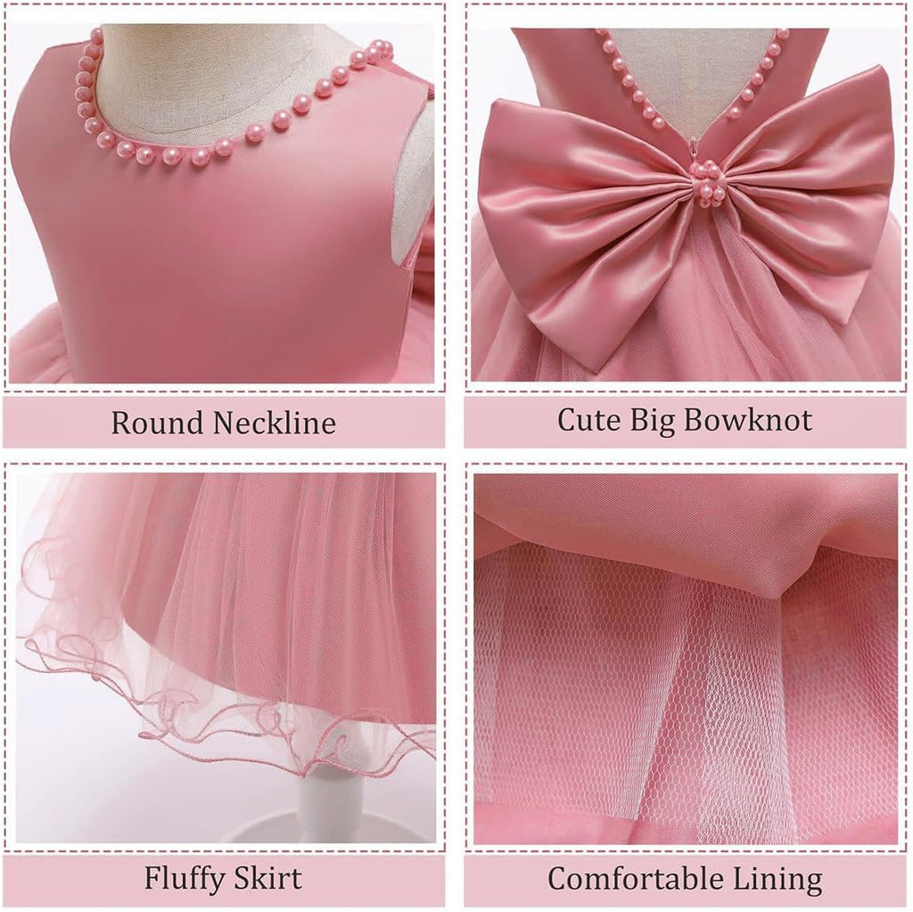 Flower Girl Dress Satin Baby Girl Formal Tulle Dress Bow Headband 0