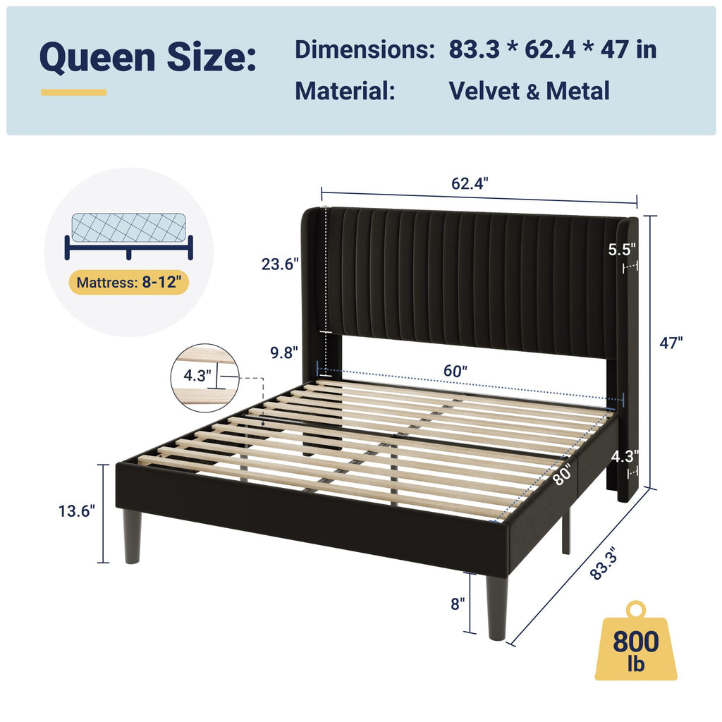 Queen Size Velvet Bed Frame/Vertical Channel Tufted Wingback Headboard/Upholstered Platform Bed/Strong Wooden